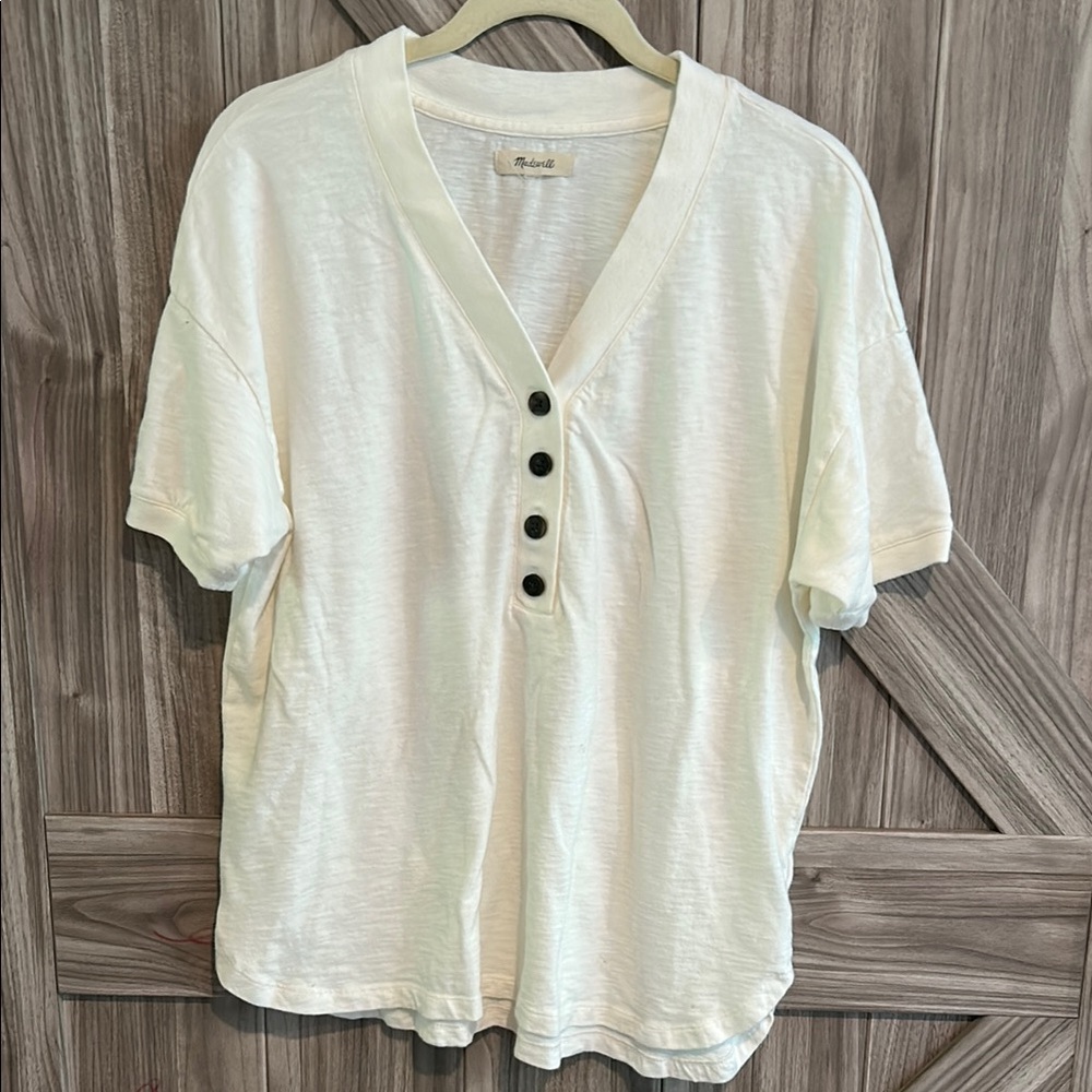 Madewell Cream Short Sleeve Button Tee